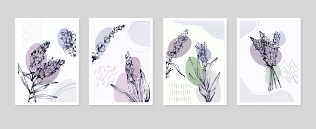 Illustrazioni dipinte a mano di lavanda astratte per la decorazione della parete fiore minimalista in stile schizzo