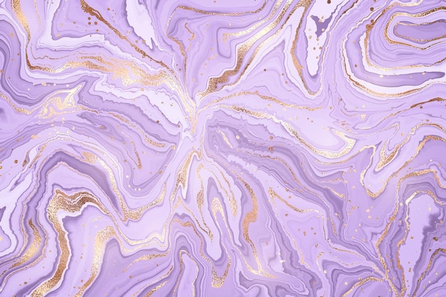 Vector abstract lavender liquid marbled watercolor background with golden lines and stains