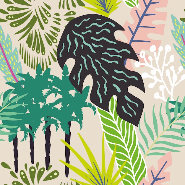 Abstract leaves and palm trees seamless pattern wallpaper