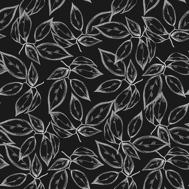 Abstract leaves seamless pattern on blackboard. Design for fabric, vintage packaging, wrapping paper. Engraving vintage style.Vector illustration