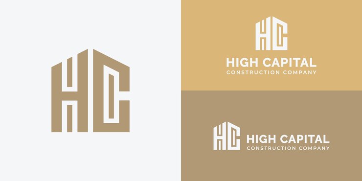 추상적인 글자 HC 또는 CH 로고는 고급스러운 금색으로 여러 로고 위치로 제공됩니다.