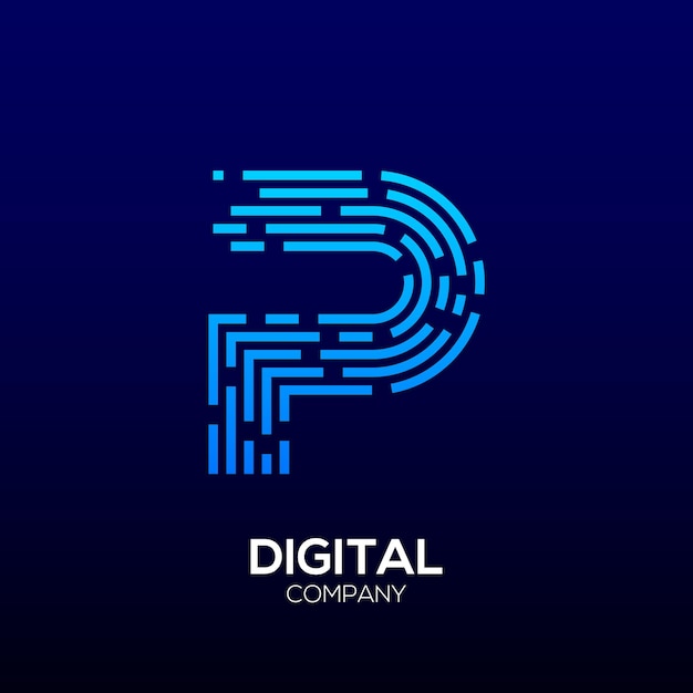 Lettera p astratta con elementi di linea pixel per digital and technology data business company