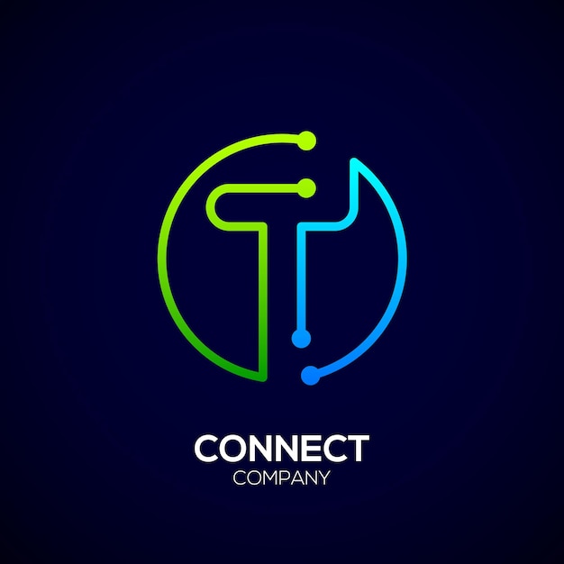 기술 및 디지털 비즈니스 회사를 위한 점 및 원 모양이 있는 추상 문자 T 로고 디자인
