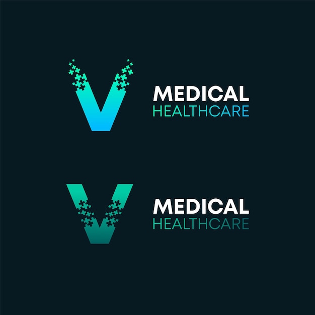 의료 및 건강 관리 비즈니스 회사를 위한 Pixel Plus 개념이 포함된 추상 문자 V 로고 디자인