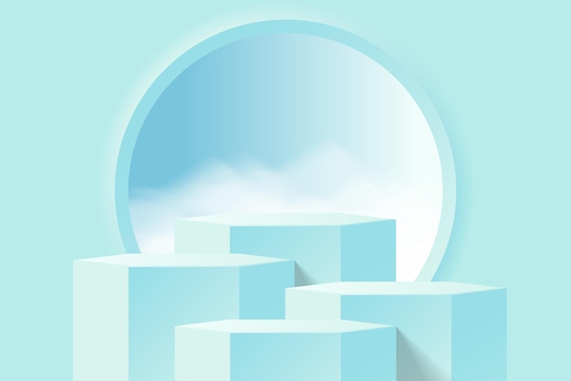Abstract light blue 3d background Realistic 3d hexagon podium with sky and cloud in circle window