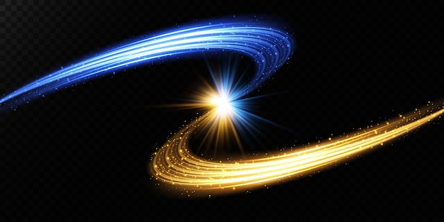 Linee di luce astratte di movimento e velocità in blu e oro luce di tutti i giorni effetto luminoso onda semicircolare traccia di luce curva vortice fari auto incandescente fibra ottica png
