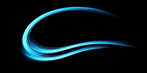 푸른 빛의 추상적인 빛 라인의 움직임과 속도 일상적인 빛나는 효과 반원형 웨이브 라이트 트레일 커브 소용돌이 자동차 헤드 라이트 백열 광섬유 png