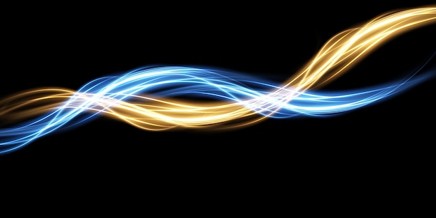 Вектор Абстрактные световые линии движения и скорости в синем и золотом свете повседневный светящийся эффект полукруглая волна световой след кривая вихрь фары автомобиля световое волокно накаливания png