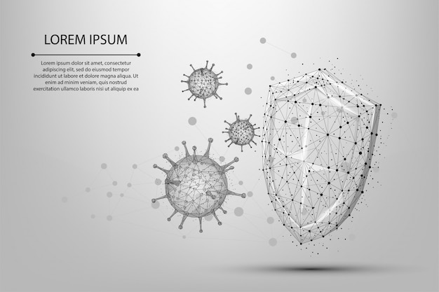 Абстрактная линия и точка коронавирусной клетки возле щита. низкополигональная защита от covid-19 (2019-нков)