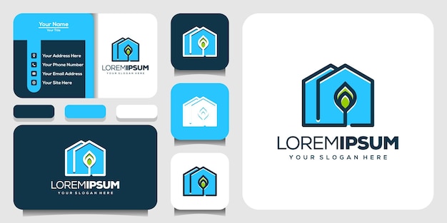 abstract line art house and leaf logo template