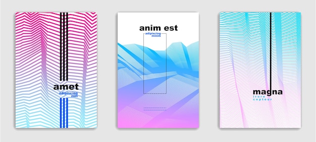 Abstract line art vector minimal contemporary brochure designs set, cover templates, geometric halftone gradient. For Banners, Placards, Posters, Flyers. Beautiful and special, pattern texture.