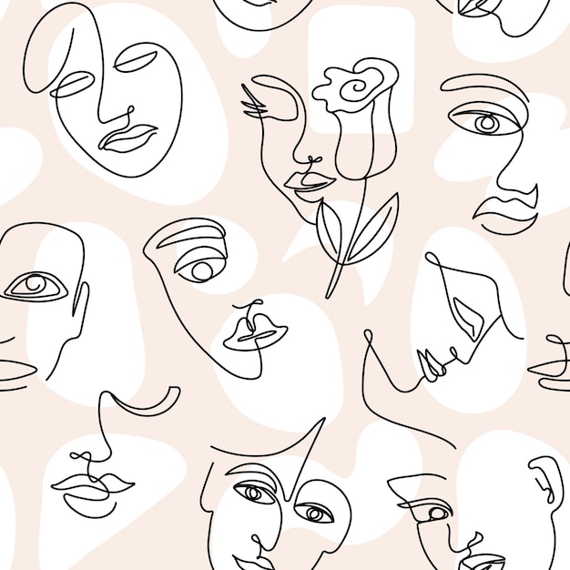 Abstract line face pattern Bohemian woman faces profile textile art print Trendy fashion drawing girls aesthetic minimal doodle decent vector seamless texture