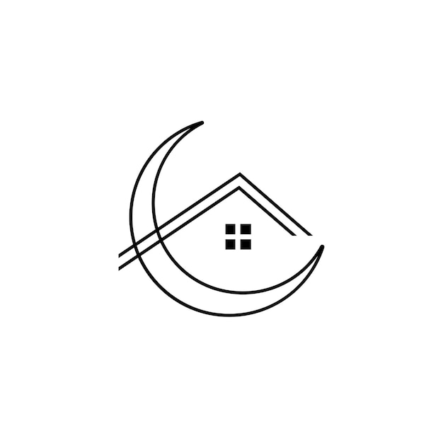 Abstract line logo design of crescent moon and house building