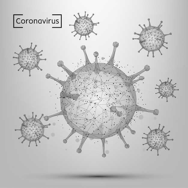 コロナウイルス細胞の抽象的な線と点。 COVID-19（2019-nCoV）の低ポリゴン画像