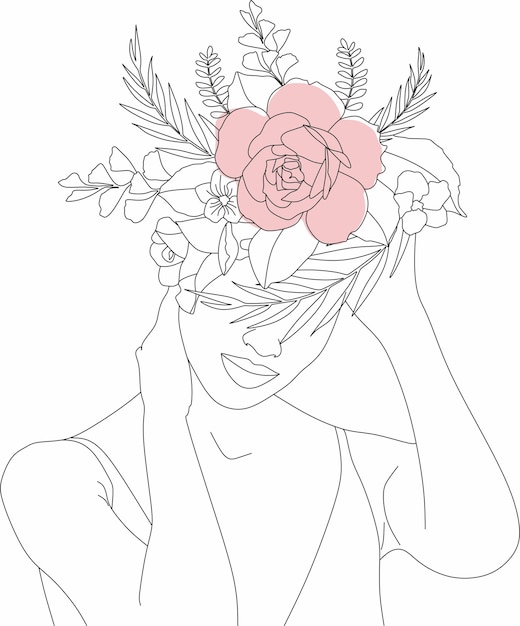 Vettore ritratto lineare astratto di una ragazza con fiori in stile boho logo del salone beaty