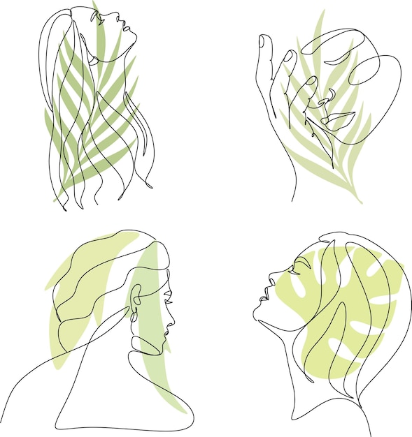 Vector abstract linear portrait of a young woman in a minimalist style with leaves