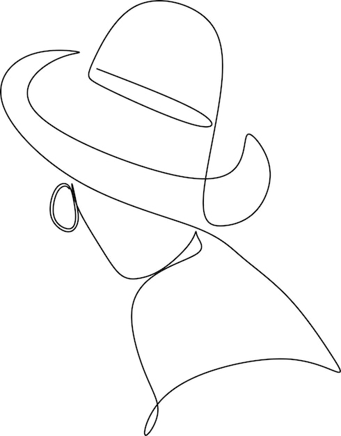 Abstract linear woman in hat. Minimal portrait. Head fashionable accessory