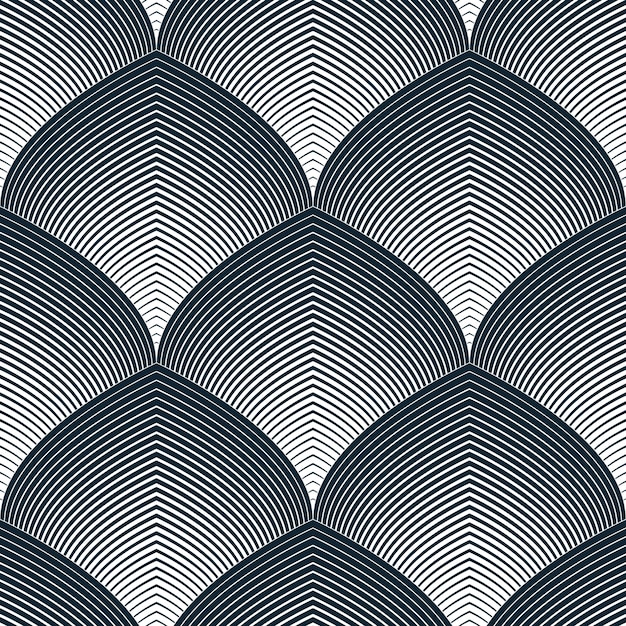 Abstract lines geometric seamless pattern, vector repeat endless fabric background. Roof tiling or fish squama shapes motif. Single color, black and white. Usable for fabric, wallpaper, wrapping, web