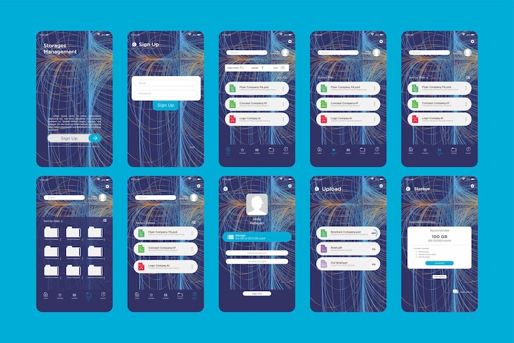 Vector abstract lines overlapping time lapse storage management app ui kit template