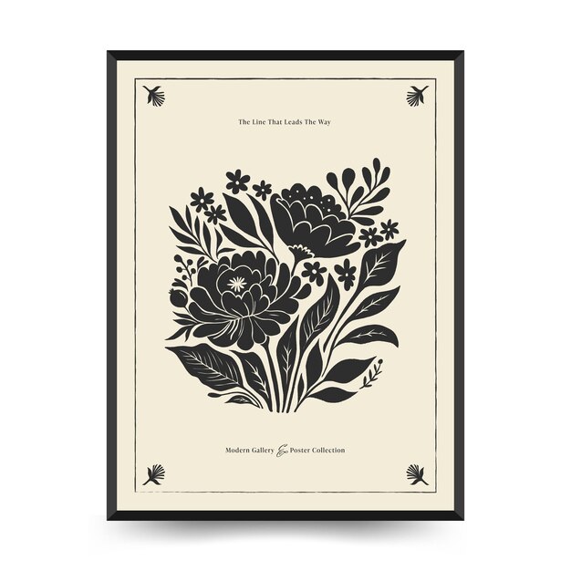 Vector abstract linocut floral posters template modern trendy matisse minimal style black and white colors