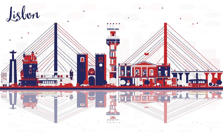 Vector abstract lisbon portugal city skyline with color buildings and reflections cityscape with landmarks