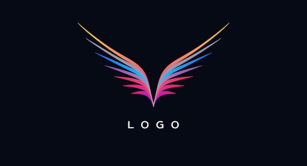 Abstract logo design element colour lines forming wings of a bird symbol icon bright on black