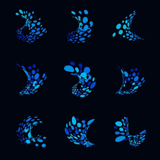 Абстрактные логотипы из точек в виде океанской волны Набор синих иконок из искаженных точек Векторная иллюстрация всплеска жидкости