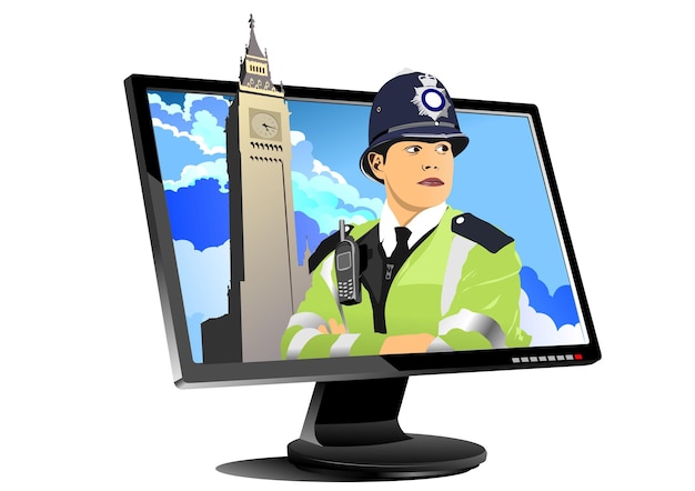 Abstract London Policewoman with walkietalkie radio into computer display