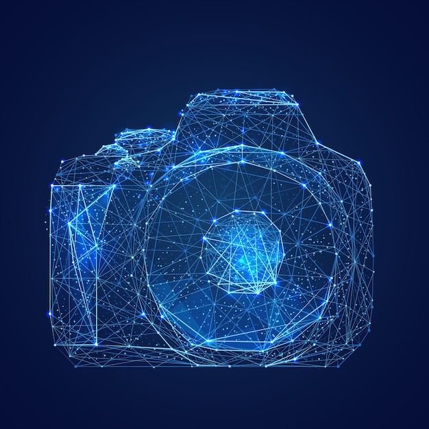 Fotocamera astratta low poly concetto di foto digitale futuristica immagine poligonale vettoriale 3d geometrica