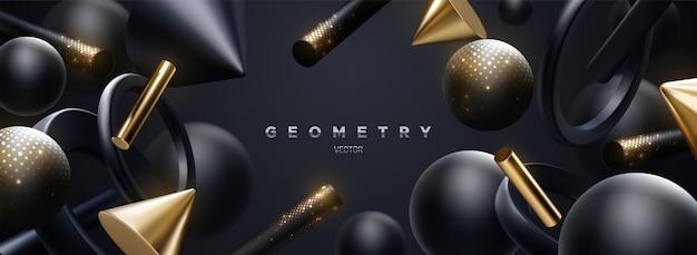 Abstract luxury background of flowing black and golden geometric shapes with shimmering glitters