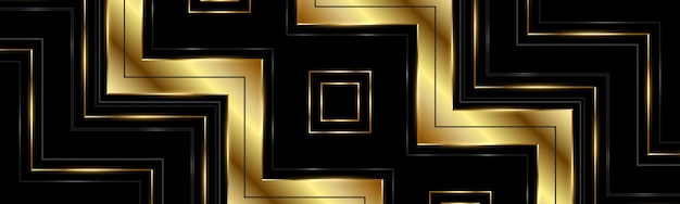 Abstract luxury black and gold wide background with square shapes and elegant lines