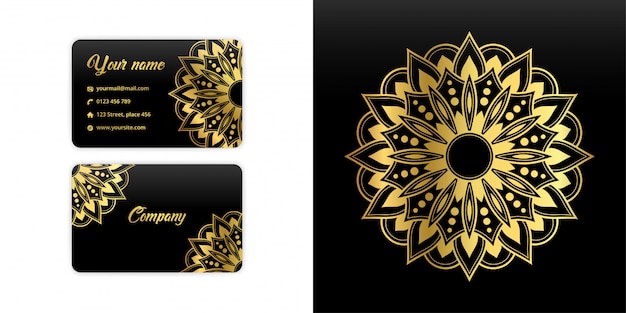 Vector abstract mandala business card. luxury arabesque background. floral pattern motif set in gold color