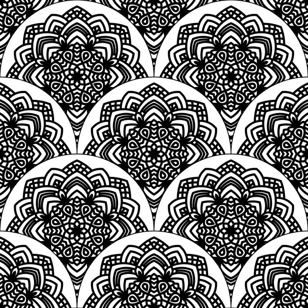 Abstract mandala fish scale seamless pattern. Ornamental tile, mosaic background. Floral patchwork