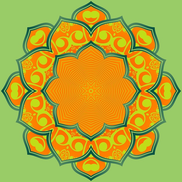 Abstract mandala textured orange color yellow combination with green lines and background