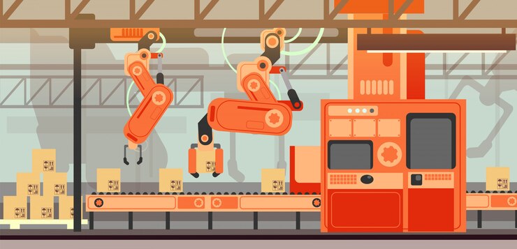 Vector abstract marketing vector concept with manufacturing assembly production line conveyor belt