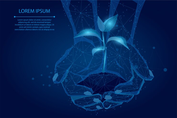 Vector abstract mash line and point hands holding plant sprout. save planet nature environment grow life
