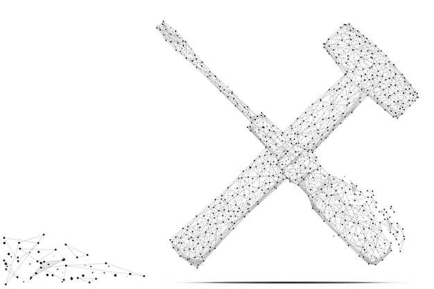 Linea e punto di mash astratti cacciavite e martello su sfondo bianco con un'iscrizione