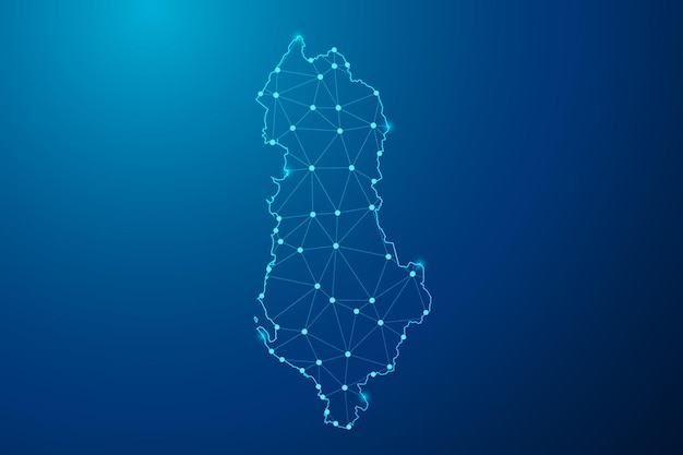 Abstract mash line and point with map of Albania polygonal network line vector.