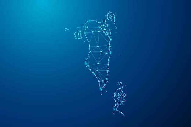 Vector abstract mash line and point with map of bahrain polygonal network line vector.