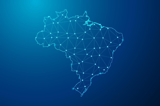 Abstract mash line and point with map of Brazil polygonal network line vector.