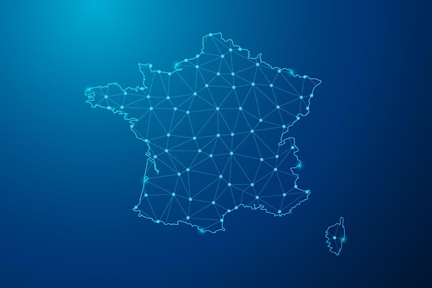 Abstract mash line and point with map of France polygonal network line vector.