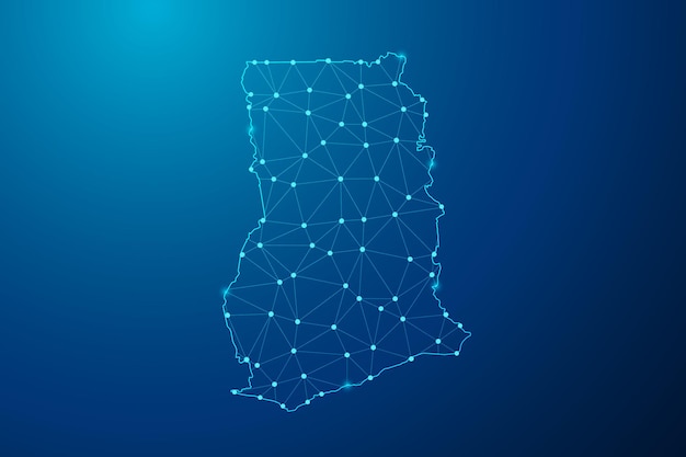 Abstract mash line and point with map of ghana polygonal network line vector.