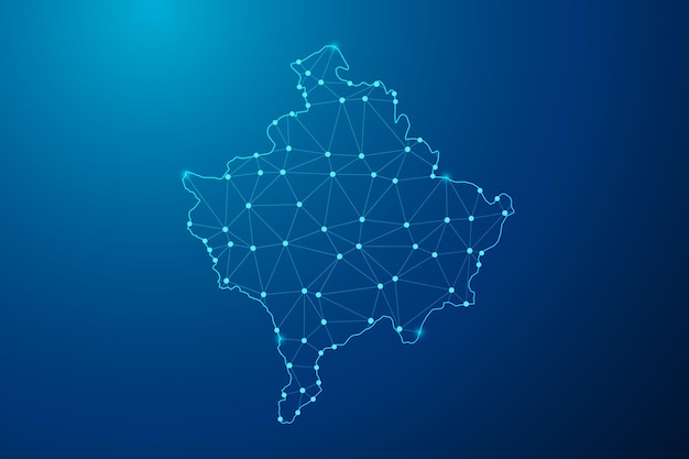 Abstract mash line and point with map of Kosovo polygonal network line vector.