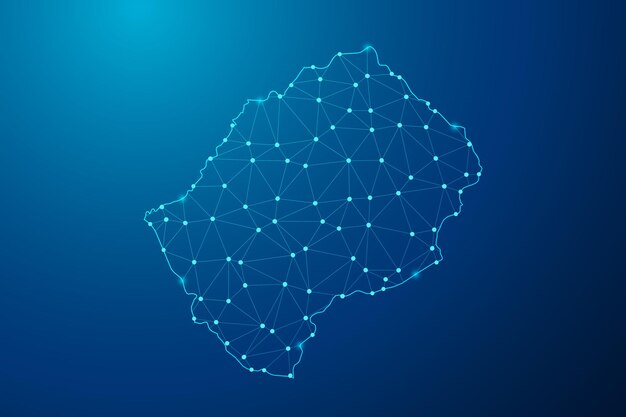 Abstract mash line and point with map of Lesotho polygonal network line vector.