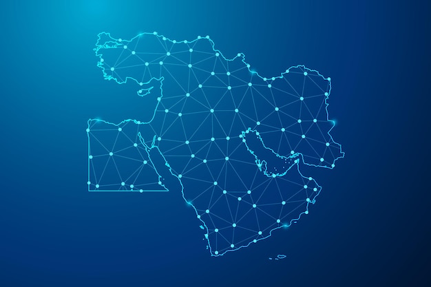 Abstract mash line and point with map of middle east polygonal network line vector.