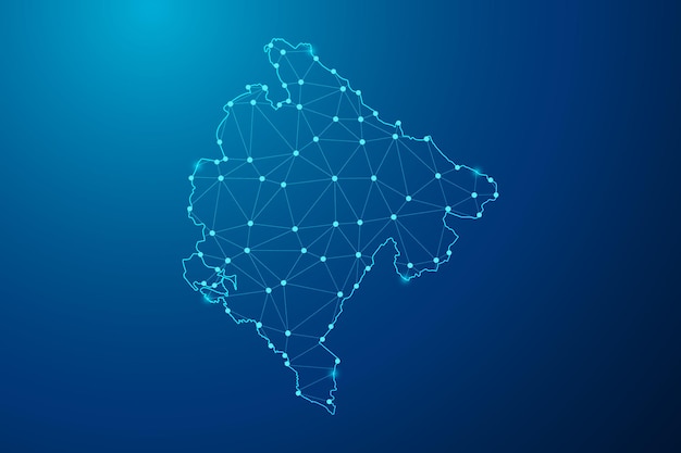 Abstract mash line and point with map of Montenegro polygonal network line vector.