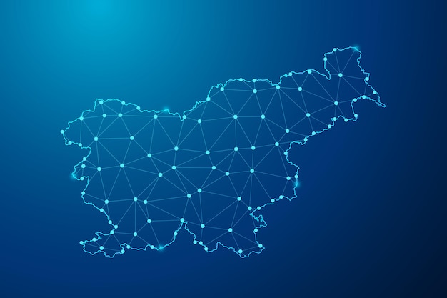 Vettore linea di poltiglia astratta e punto con mappa del vettore di linea di rete poligonale della slovenia.