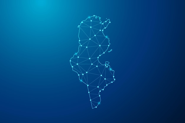 Abstract mash line and point with map of Tunisia polygonal network line vector.