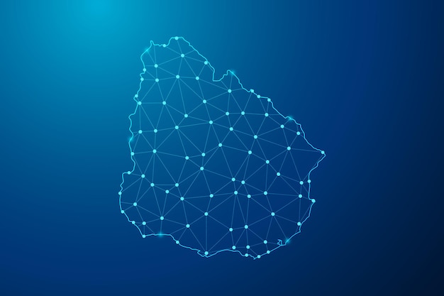 Abstract mash line and point with map of Uruguay polygonal network line vector.