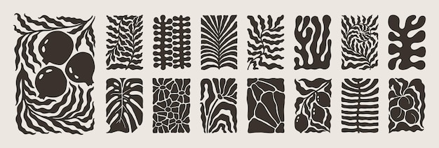 Abstract matisse floral posters set modern botanical background in minimal style groovy vector